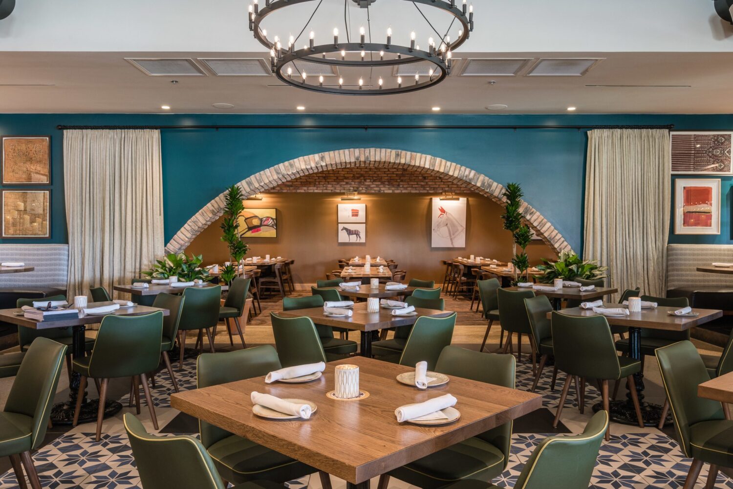 Mexican Sugar dining room with a grouping of square tabletops built by SouthLoft.