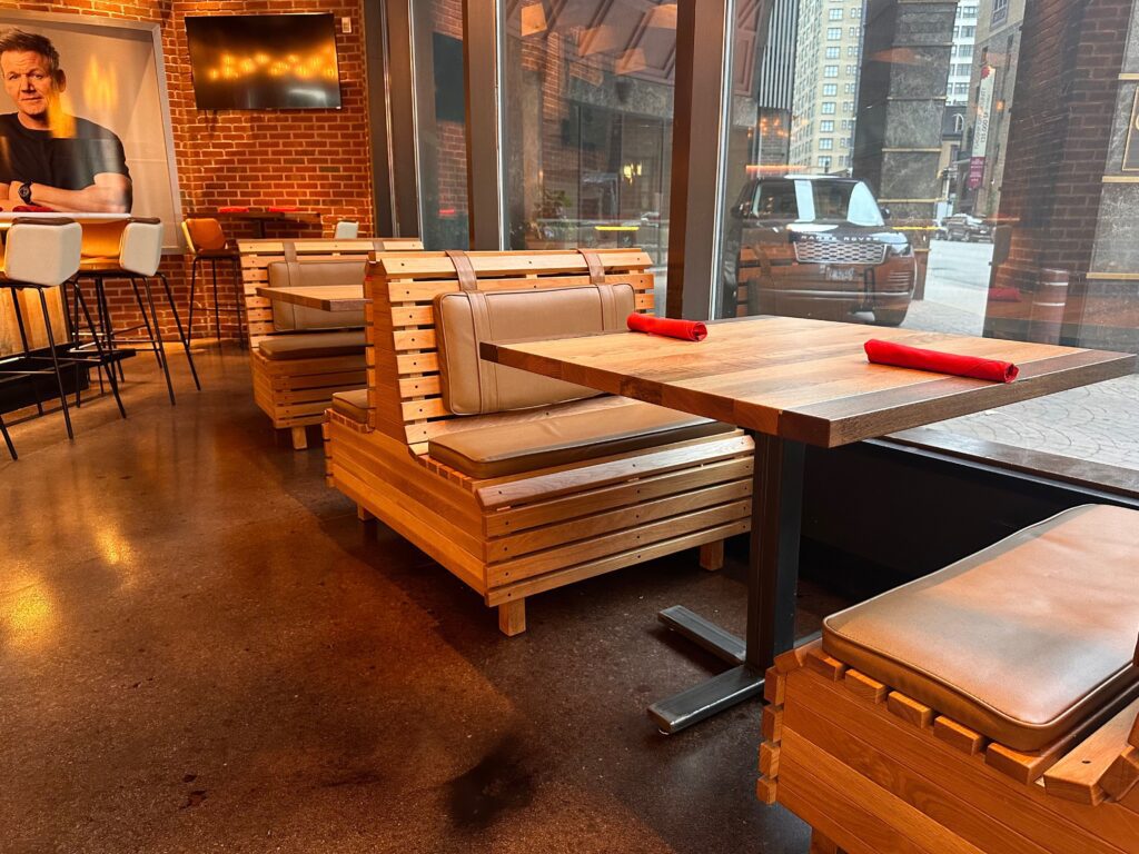 Tables and booths built for Gordon Ramsey Burger in Chicago, Ill.